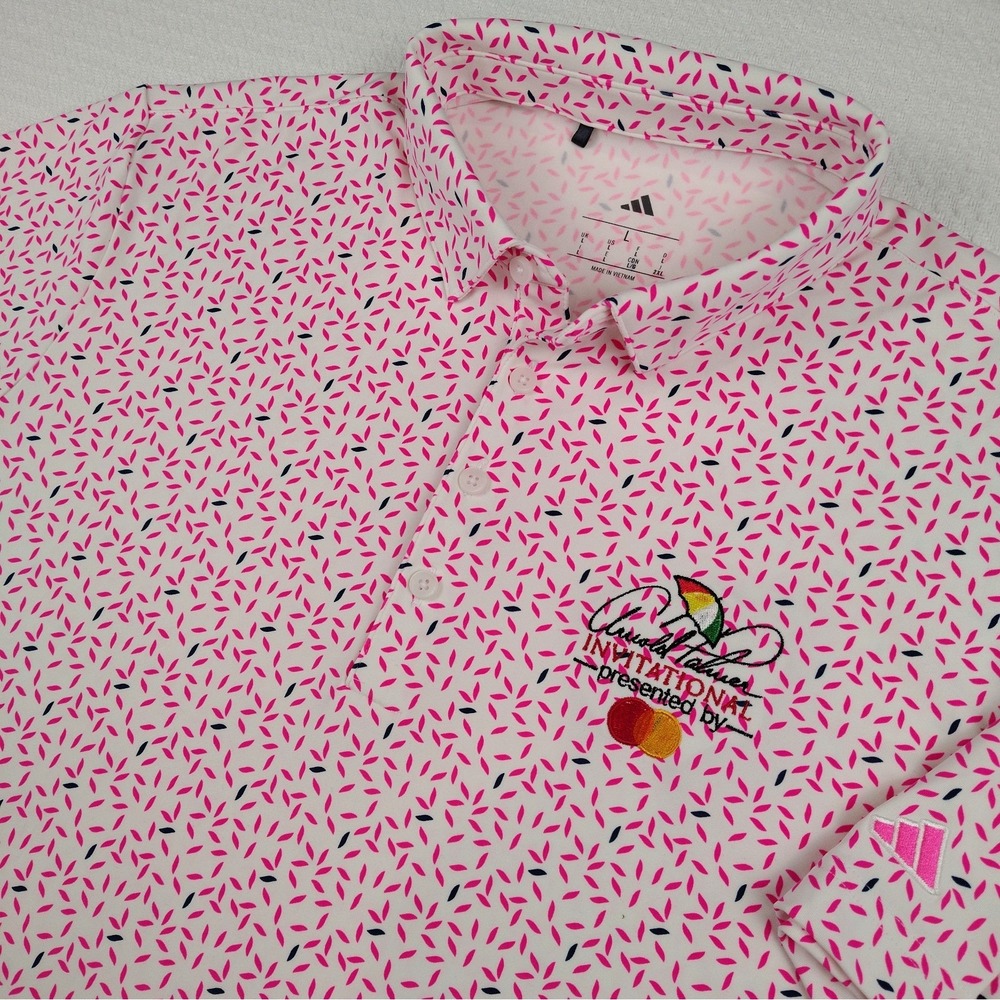 Adidas Arnold Palmer Invitational Golf Polo Shirt Mens L Pink Print Logo S/S